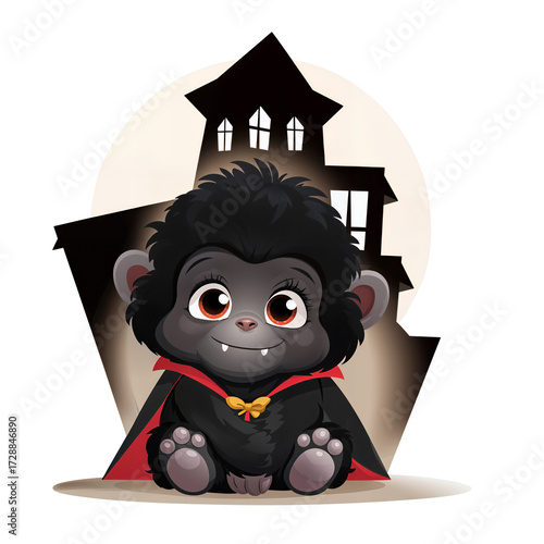 Cute cartoon vampire character sitting in front of a spooky house design at night with playful expression