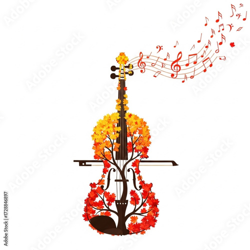 Autumn Violin with Musical Notes Illustration
