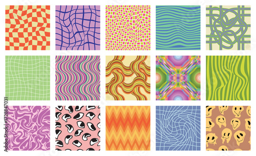 Groovy psychedelic pattern set. Funky artistic hippie background collection with waves on checkerboard print, liquid twirls and swirls, surreal eyes and emoji faces melt cartoon vector illustration