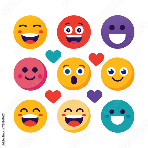 Collection of flat design emoji faces and heart icons