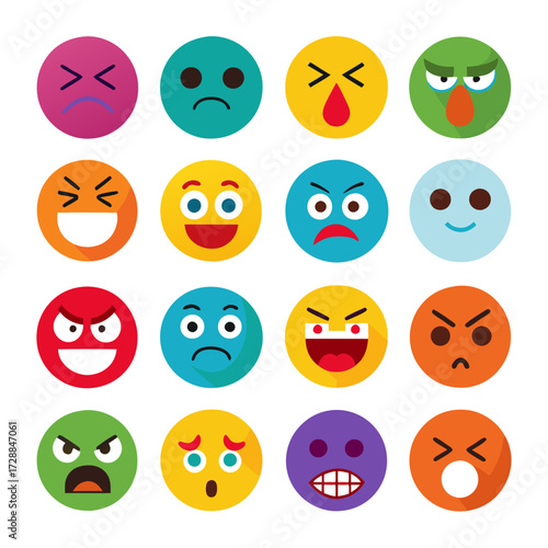 Colorful Emoji Icons Expressing Various Emotions on White Background