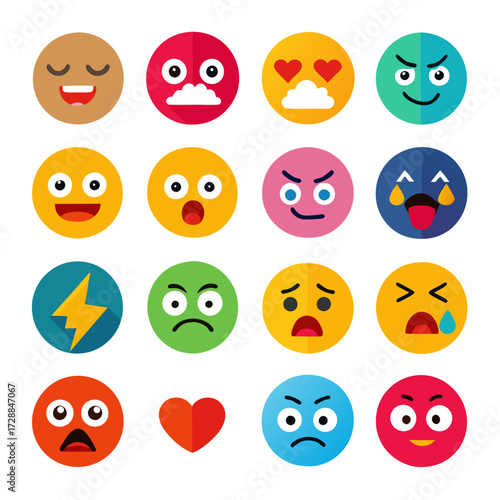 Vibrant flat design emotion face icon set on white
