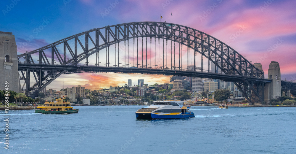 Fototapeta premium Ferry on Sydney Harbour with harbour bridge in the background Sydney NSW Australia