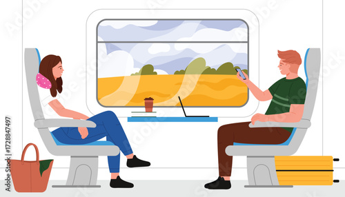 Man and woman travel in train compartment vector illustration. Cartoon inside train car scene with girl sitting in chair with neck pillow, guy holding phone to take photo of landscape outside window