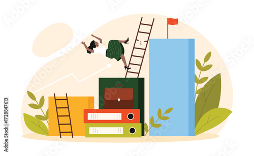 Career failure, problem of professional crisis. Unhappy tiny businesswoman climbing ladder to flag and falling due to broken step, business difficulty and fail of woman cartoon vector illustration