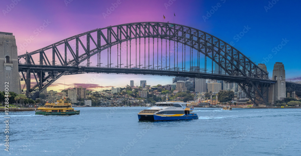 Fototapeta premium Ferry on Sydney Harbour with harbour bridge in the background Sydney NSW Australia