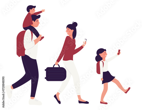Family people in airport terminal isolated vector illustration. Adult people with baggage and children, smiling parents and kids, tourists flat characters