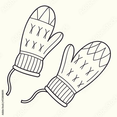 A charming hand drawn illustration of two knitted mittens with a simple yet elegant design perfect for winter themes and cozy crafting projects