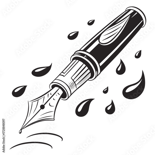 A classic black and white illustration of a fountain pen with ink drops splashing around it symbolizing creativity and writing
