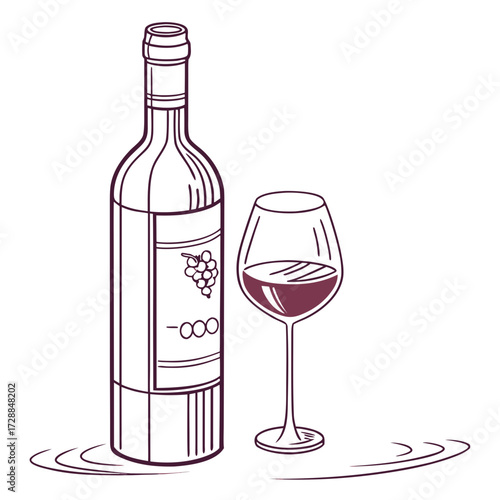 A minimalist line art illustration of a bottle of red wine and a glass filled with wine set against a clean white background with subtle ripple effects