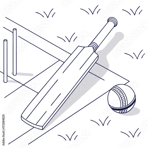 A minimalist line art illustration of a cricket bat and ball resting on a pitch with wickets in the background on a sunny day with grass and shadows