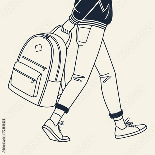 A minimalist line art illustration of a person walking with a backpack wearing jeans and sneakers conveying a sense of casual movement and everyday life