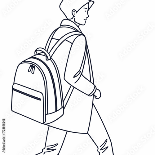 A minimalist line art illustration of a young person walking with a backpack conveying a sense of movement and everyday journey