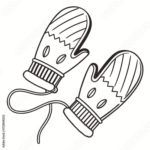 A pair of charming black and white line art mittens connected by a string featuring striped patterns and decorative oval shapes perfect for winter clothing and cozy accessories