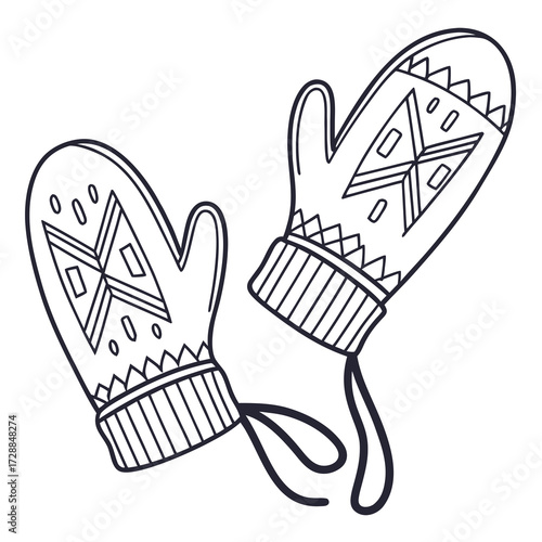A pair of hand drawn outline mittens with a nordic inspired geometric pattern and a connecting string perfect for winter clothing and cozy designs