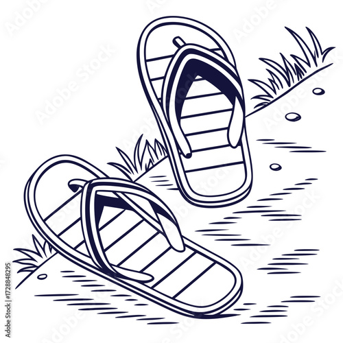 A pair of simple line art flip flops resting on a grassy area with small pebbles scattered around suggesting a casual outdoor setting