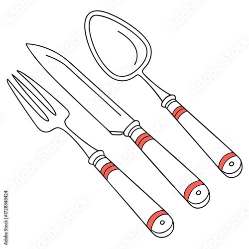 A simple line art illustration of a fork knife and spoon with red accents on their handles presented on a clean white background perfect for culinary themes