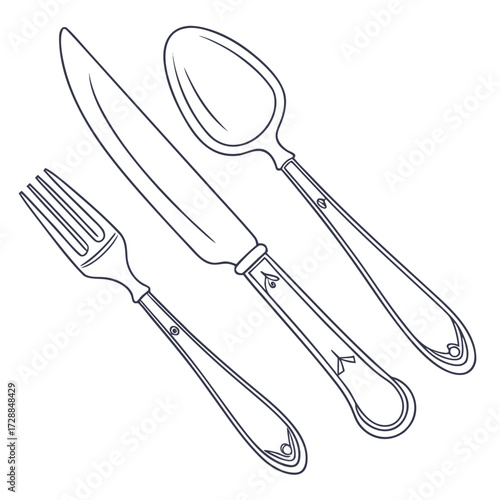 A simple line art illustration of a fork knife and spoon arranged diagonally on a white background representing dining and mealtime essentials