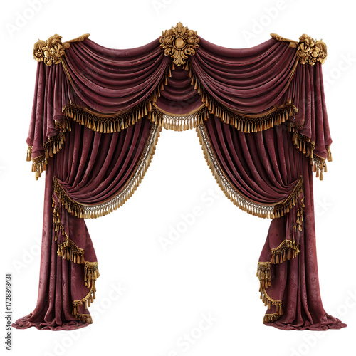 Ornate red velvet stage drapery with gold trim and embellishments
