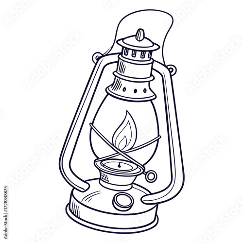 A vintage kerosene lantern with a glowing flame inside a glass globe depicted in a simple black and white line drawing style on a white background evoking nostalgia and rustic charm