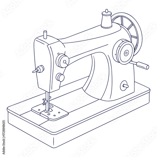 A vintage sewing machine depicted in a clean minimalist line art illustration with a dark blue outline on a white background showcasing its classic design and mechanical details
