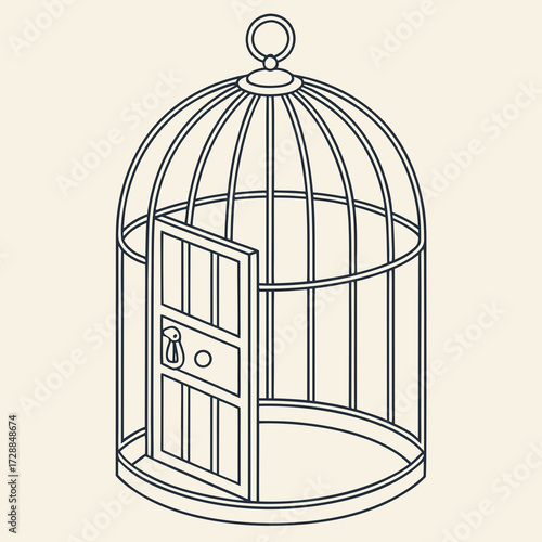 An empty open birdcage with a simple outline design and a neutral background symbolizing freedom escape and opportunity