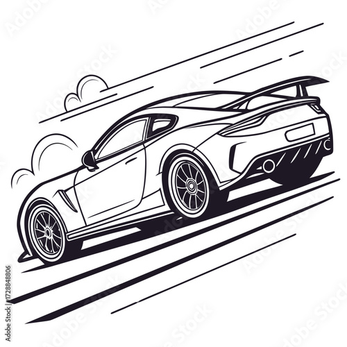 Dynamic illustration of a sleek modern sports car with a large rear spoiler accelerating uphill with motion lines and stylized clouds suggesting speed and power in a bold black and white graphic style