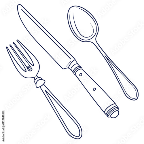 Elegant outline drawing of a classic silver fork knife and spoon arranged diagonally on a clean white background perfect for culinary themes and design elements