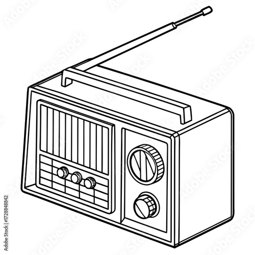 Retro portable radio with extending antenna and knobs for tuning and volume control presented as a clean black and white line art illustration from an isometric perspective