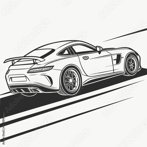 Sleek modern sports car with a prominent rear spoiler and aggressive styling depicted in a dynamic black and white line art illustration conveying speed and luxury on a stylized road