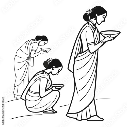 Traditional indian women in elegant sarees gracefully holding bowls symbolizing cultural rituals hospitality and spiritual offerings in a serene black and white illustration