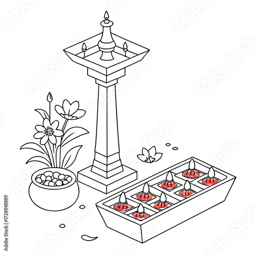 Traditional indian oil lamps and flowers arranged for a festive occasion symbolizing light prosperity and cultural celebration with a touch of artistic simplicity