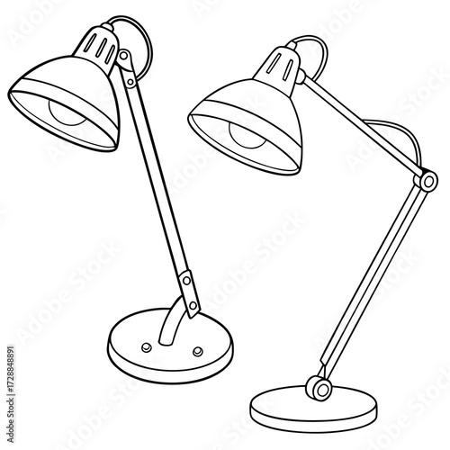 Two classic adjustable desk lamps with articulated arms and conical shades are presented in a clean black and white line drawing illustration against a white background