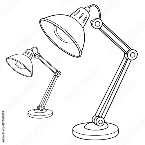 Two black and white line art illustrations of adjustable desk lamps one larger and in the foreground the other smaller and in the background isolated on a white background