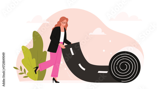 Businesswoman career planning and skills growth. Woman unrolling carpet of highway road to make future career, create own unique way and begin professional success cartoon vector illustration