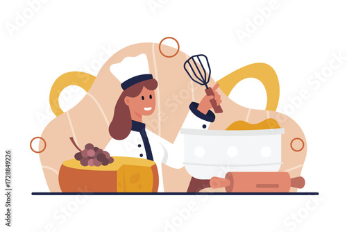 Cheese production by professional cheesemaker. Cheesemonger making dairy product on factory facility, woman holding chefs tool to mix and control industrial process cartoon vector illustration