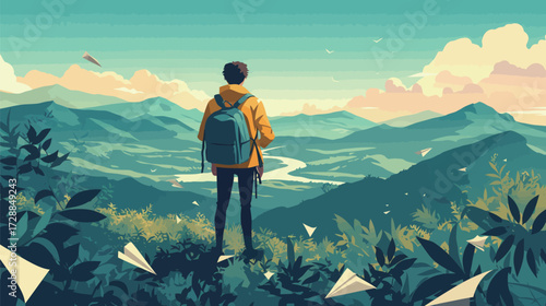 A hiker in a yellow jacket stands on a hillside, gazing at a winding river surrounded by mountains under a clear sky with scattered clouds.