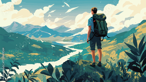 A person stands on a rocky outcrop, gazing at the expansive landscape of mountains and a winding river below.