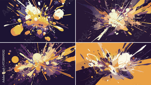Bright splashes of yellow, purple, and white create an energetic abstract composition. The vibrant colors blend and contrast, evoking a feeling of excitement and creativity.