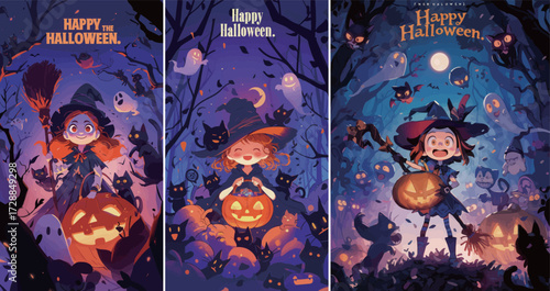Three cheerful witches dressed in costumes gather in a magical forest to celebrate Halloween. They hold glowing pumpkins and are surrounded by playful animals and bats.