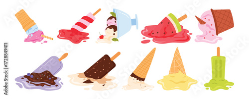Fallen ice cream set. Popsicle soft balls drop down and melt on floor, strawberry and mint sundae with chocolate and candy in waffle cone, summer dessert drop mistake cartoon vector illustration