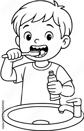 Cheerful young boy brushing teeth with toothbrush and toothpaste, promoting dental hygiene and healthy habits for kids with a bright smile