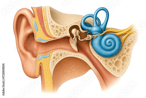 Detailed illustration of the human ear's internal anatomy, showcasing the outer, middle, and inner ear structures, including the cochlea and semicircular canals.