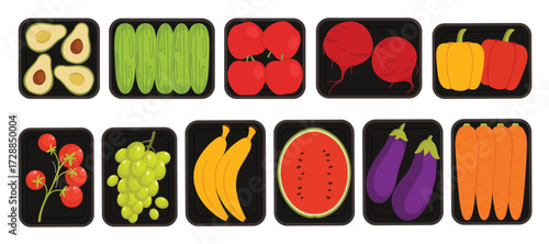 Vegetables and fruits in plastic trays. Styrofoam black containers of square and rectangle shapes, supermarket or farm market raw food products for eating and cooking cartoon vector illustration