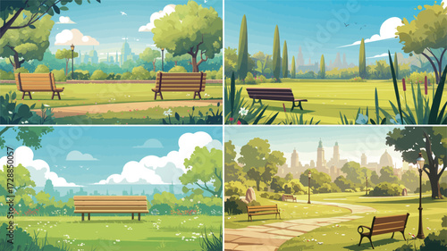 Multiple scenes showcase a serene park environment featuring benches, vibrant greenery, and city skyline under clear blue skies, inviting relaxation and leisure.
