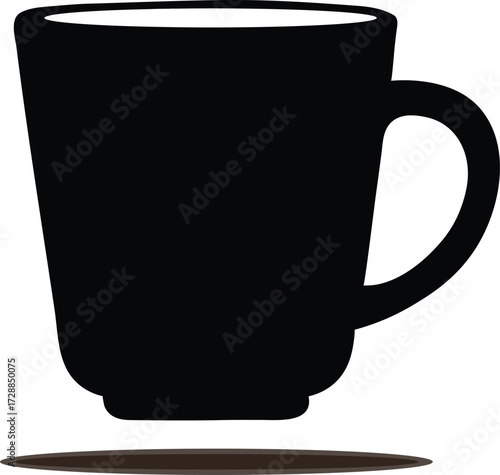 A simple black silhouette of a coffee mug with a handle casting a subtle shadow on a white background