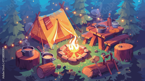 In a serene forest, a bright campfire warms the scene while pots and pans sit on a wooden table. A tent is nearby, illuminated by string lights in the dark.