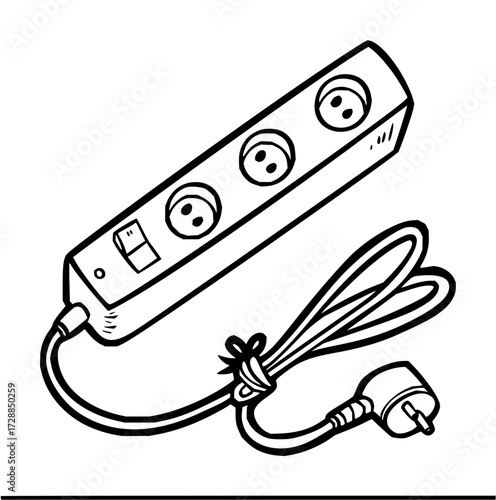 Modern power strip with switch and multiple outlets, featuring a coiled cord and plug, perfect for electrical diagrams and technology concepts