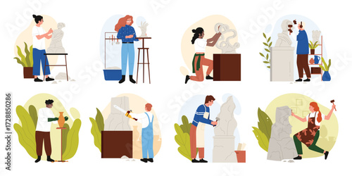Sculptors work set, craftsmanship and profession. People workers making creative art sculptures in workshop, man and woman artists working with carving tools and clay cartoon vector illustration