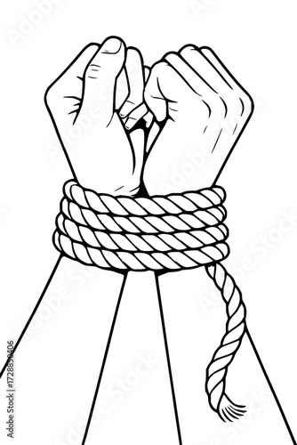 Struggling hands bound tightly with thick rope, symbolizing restriction, confinement, or overcoming challenges with determination and strength